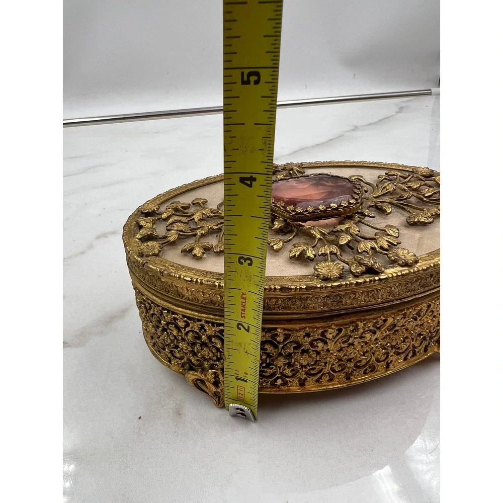 Vintage Filigree Amber Glass Jeweled Top Jewelry Trinket Box Display Case